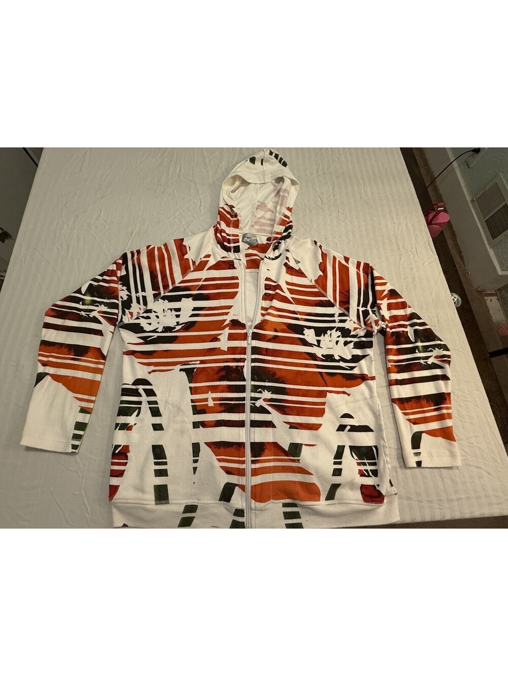 Chico's Full Zip Hoodie Jacket Size 2 (L) White Orange Abstract Print Cotton